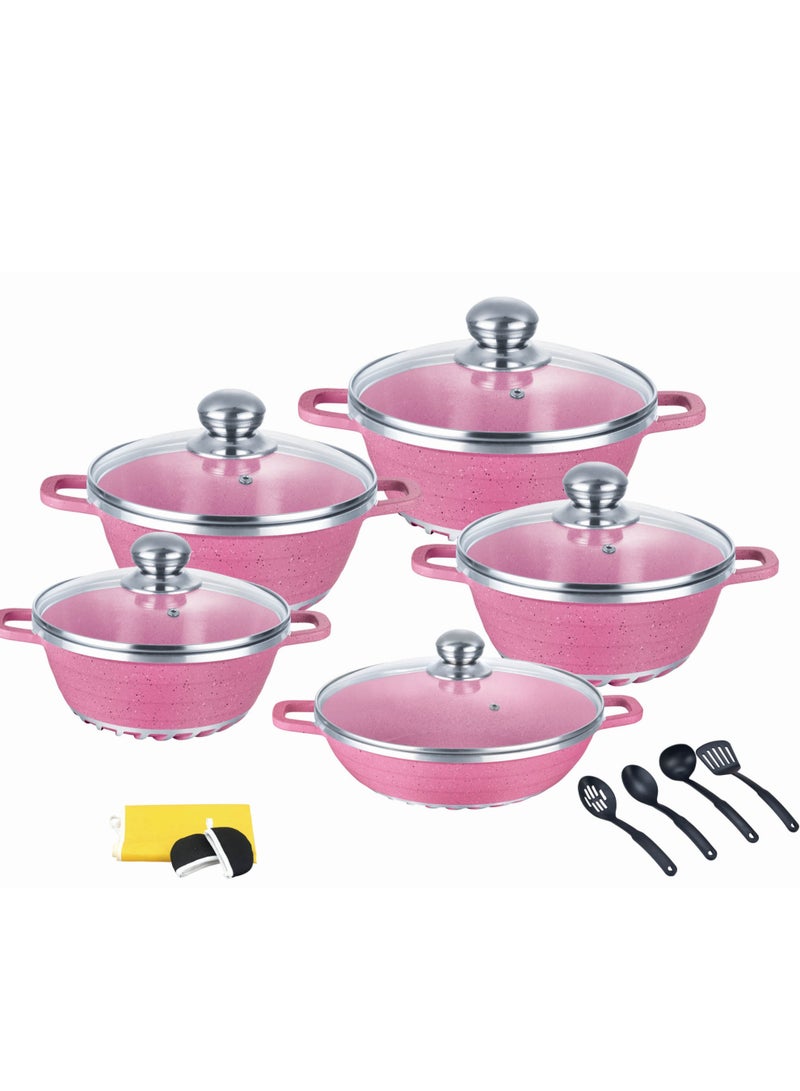 17-Piece Granite Saving Energy Aluminum Cookware Set Pink